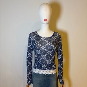H&M Divided Blue Floral Crochet Lace Hem Long Sleeve Top Small